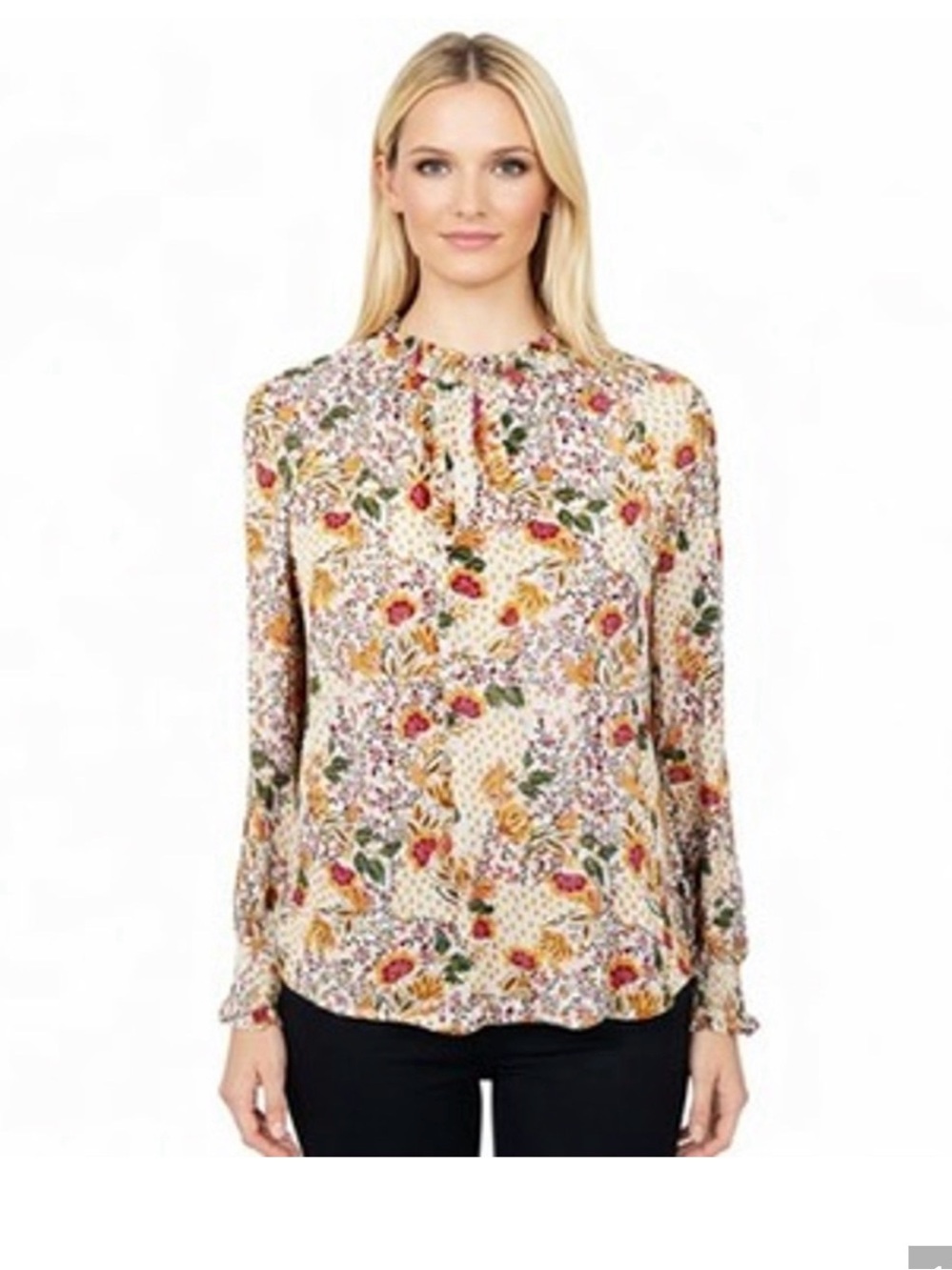 Garnet Hill Fleur Crepe Blouse Multi Floral print Ruffle Neck Cottage Size Med